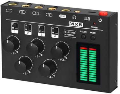 Harewtwy MX5 Ultra Low Low Noise 4-Cannel Stereo Audio Mixer Mini Stereo/Mono 6,35 Mm/3,5 mm Ideale per Club/Studio Bar