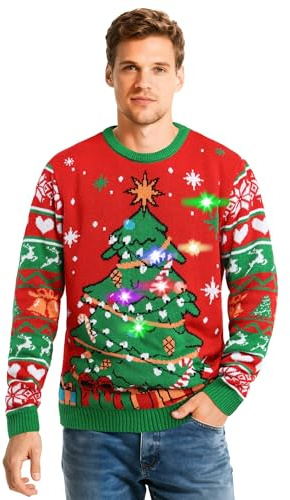 SOMSOC LED Light Up Ugly Christmas Sweater for Women Men, Xmas Jumpers Funny Knitted Sweaters with Light Bulbs