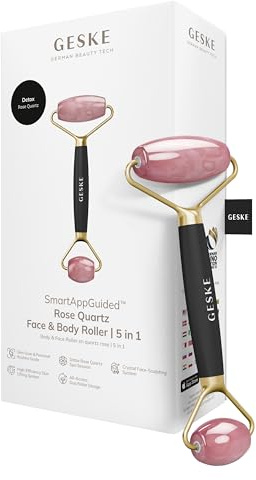 GESKE Rose Quartz Face & Body Roller | 5 in 1 | Anti-Schwellungen | SmartAppGuided | Massagen für Gesicht & Körper| Hautentgiftung | Face Yoga | Aus Rosenquarz | Handliches Design