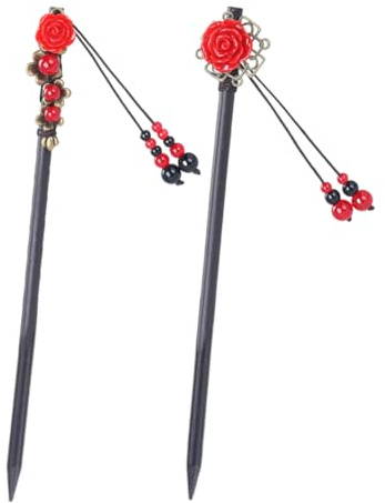 2 unidades de palillos chinos para el pelo para mujer, accesorios de madera japonesa, pinzas retro de cereza roja, hechas a mano, disfraz de geisha, borla, disfraz de geisha para niñas, pelo largo