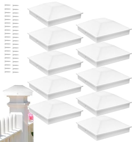 Capuchon poteau 4x4 blanc, pack de 10 en PVC étanche résistant aux UV, chapeau décoratif pour protection poteaux de clôture, terrasse et jardin - 10,2x10,2x3,5 cm