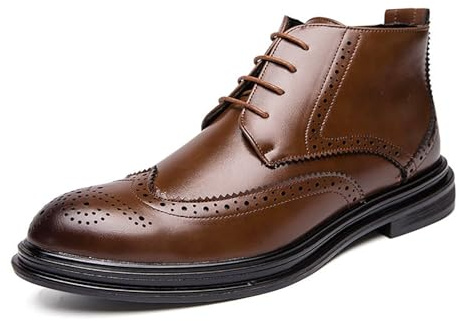 Botines brogue de piel con punta de ala for hombre, con cremallera lateral y cierre de cordones, for uso formal informal de negocios, en colores negro y marrón.