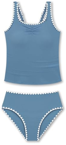 Miyanuby Girls Tankini Swimsuit Padded Bras Girls Swimming Costume Solid Color Tankini Set Kids Bathing Suit Contrast Trim Swimwear for 9-16 Years