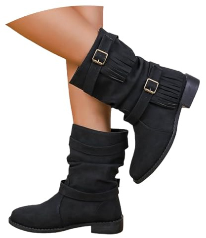 MEECHI Bottines Décontractées À Enfiler Bottines Vintage for Femmes À Franges,Bottes Courtes Printanières en Cuir PU avec Boucle De Ceinture Chaussures À Cheville De Style Britannique(Black,41 EU)