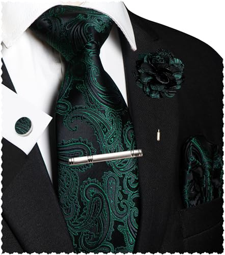 JEMYGINS Paisley Stickerei Design Krawatte Set Herren Einstecktuch Krawattenklammer Manschettenknöpfe Ansteckblume für Hochzeit Party Business Mehrfarbig