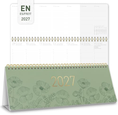 Häfft® Calendrier de bureau international 2027 horizontal Green Poppy | En anglais (+ FR/IT/ES), calendrier hebdomadaire avec support, jours fériés et conseils pratiques pour le quotidien