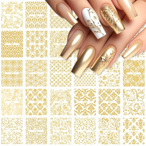 Muorruo 30 Blatt Spitzen-Nagelsticker für Blumen-Nagelkunst, 3D-selbstklebende Nagelaufkleber, gold, hohle Retro-Blumenranken-Nagelsticker, Design-Spitzenblumen-Nagelzubehör, Gold