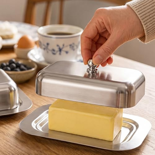 Butterdose Edelstahl für 250 g Butter, 18,5 x 12,2 x 5,8 cm Butterbehälter mit Deckel, hält Butter frisch und geruchsneutral, ohne Fettflecken, leicht zu reinigen, für Kühlschrank und Frühstückstisch