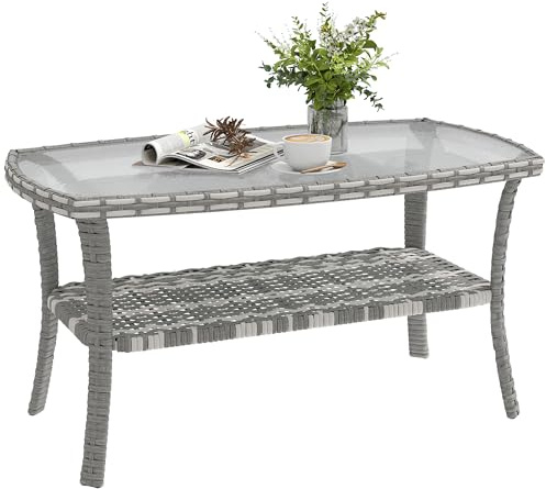 Outsunny Tavolino da esterno in rattan PE con ripiano, grigio scuro