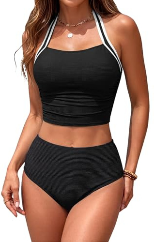 SHEKINI Tankini da donna con allacciatura al collo, increspato, top da nuoto a vita alta, set bikini sportivo a costine, costume da bagno a due pezzi, taglie S-XXL
