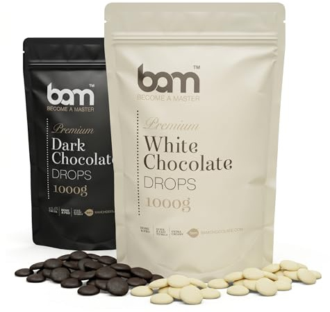 BAM Schokolade Drops Bundle – Premium Kuvertüre Weiß% Zartbitter (55% Kakao) | Schokodrops zum Backen & Schmelzen – Ideal für Fondue, Schokobrunnen & Patisserie – 2 x 1000g