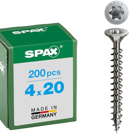 SPAX Universalschraube aus Edelstahl rostfrei A2, 4,0 x 20 mm, 200 Stück, T-STAR plus, Senkkopf, Vollgewinde, 4CUT, 1197000400203