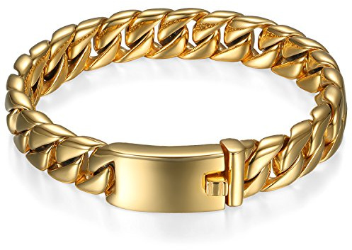 JewelryWe Panzerkette Armband Herren Gold: 12mm Breit Edelstahl Hochglanz Poliert Groß Schwer Kubanische Kette Armkette Panzerarmband Schmuck Geschenk für Männer Freund Vater