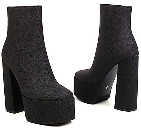 CRETUAO Botines Plataforma con Purpurina para Mujer,tacón Grueso Sexy Punta Redonda, Tacones Altos para Boda,Modelo de Moda Club Nocturno Danza Botines de tacón Alto,Negro,36 EU