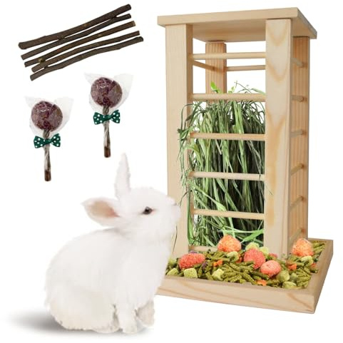 MUYG Rabbit Hay Feeder Wooden Bunny Hay Rack Guinea Pig Feeding Manger Standing Rabbits Grass Holder Small Animals Less Waste Food Dispenser for Chinchillas Hamsters Bunnies Gerbil