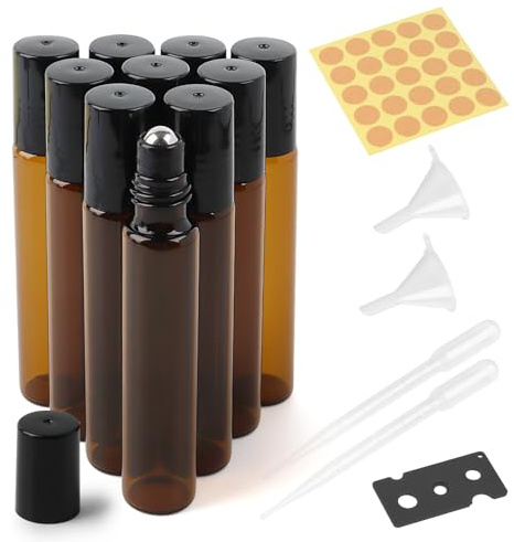 Lot de 10 bouteilles en verre roll-on vides 10 ml pour huile essentielle, avec rouleau inoxydable, entonnoir, ouvre-bouteille, étiquettes et pipettes