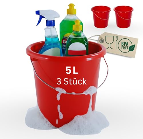 Novaliv Lot de 3 seaux de 5 l rouge avec graduation dimensionnelle - Seau de nettoyage de 5 litres ? 22,5 cm - Pratique et polyvalent avec graduation pour la maison et le jardin - Idéal comme seau