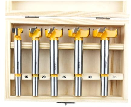 Aqxymju 5-teiliges Forstner-Spitzen-Scharnier-Bohrer-Set for Zimmerei, Holzfenster, Lochschneider, Schneckenbohrer, Holzbohren, Durchmesser 15, 20, 25, 30, 35 mm