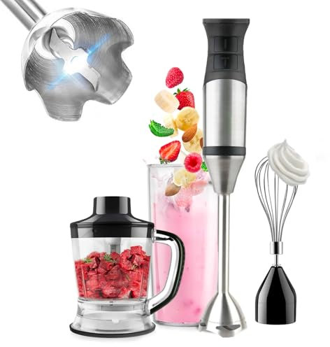 Avilia Frullatore ad Immersione in Acciaio Inox 1200W con 3 Accessori, Frusta, Contenitore e Tritatutto - 20 Velocità e Modalità Turbo è Ideale per Frullare e Tritare Qualsiasi Alimento