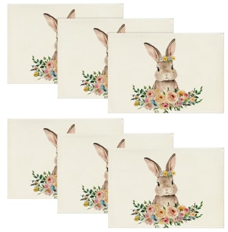 Artoid Mode Hase Blumen Ostern 6er Set Platzsets, Saisonaler Frühling Küche Tisch Dekoration Drinnen Urlaub Party Dekor 30x45cm