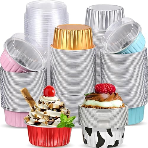 50Pcs Mini Cake Baking Cups with Lids, 150ml Round Aluminum Foil Baking Pans, Mini Loaf Cake Cases for Cupcake Dessert Wedding Birthday Picnic Party (5 Colors)