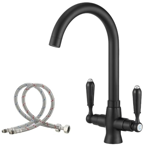 Haiba Kitchen Mixer Tap Sink Faucet 1 Hole Brass Material Dual Lever Monobloc Gooseneck High Arch 360 Swivel Spout Matte Black Sink Taps Deck Mount with Flexible Hoses