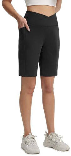 baleaf Bermuda da donna lunghi con tasche 22,9 cm sopra il ginocchio, vita alta, elasticizzati, camminate, atletica, casual, estate, Nero , M