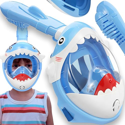 Retoo Snorkelmask för barn helansiktsmask med 180° panoramavy – Dry TOP-teknologi, anti-läcka, mjuk silikontätning, justerbara band, hajdesign, lätt & säker