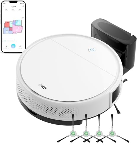 OKP Robot Vacuum Cleaner with Mop, 6000Pa, 170min Runtime, 190° PSD Precise Obstacle Avoidance, Automatic Charging, 7.8cm Thin, Robotic Vacuums Ideal for Hard Floors Carpets Pet Hairs WiFi/App/Alexa