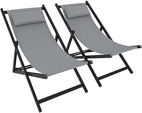 BRICOZONE Set di 2 Sedie Sdraio Leggera Da Giardino Schienale Regolabile Pieghevole Ergonomica Con Cuscino Traspirante Struttura Nera In Alluminio Da Esterno Piscina Mare Portata 160 Kg Grigio