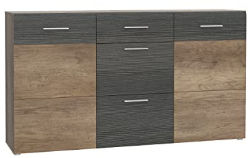 FORTE Nabou Kommode mit 2 Türen und 3 Schubladen, Holzwerkstoff, Eiche Antik/ Touchwood, 67 x 100,9 x 179,6 cm