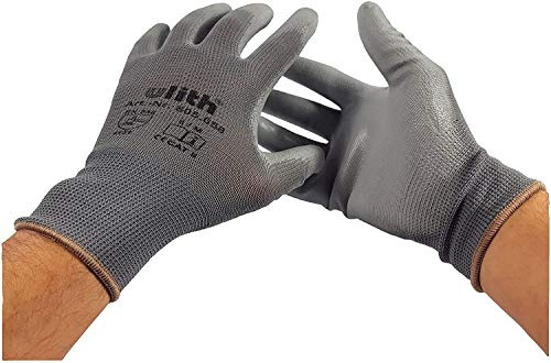 12 Paar Arbeitshandschuhe Bauhandschuhe Montagehandschuhe mit PU-Teilbeschichtung von Ulith EN 420 EN 388 Gr. L, Farbe grau