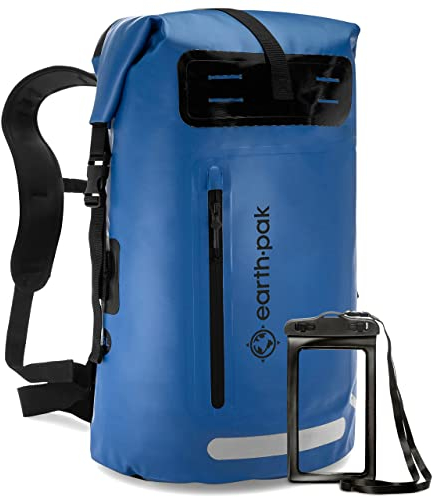 Earth Pak Summit wasserdichter Rucksack, Backpack mit leistungsstarkem Reißverschluss und Rolltop, wasserfester Handyhülle Blau 55L