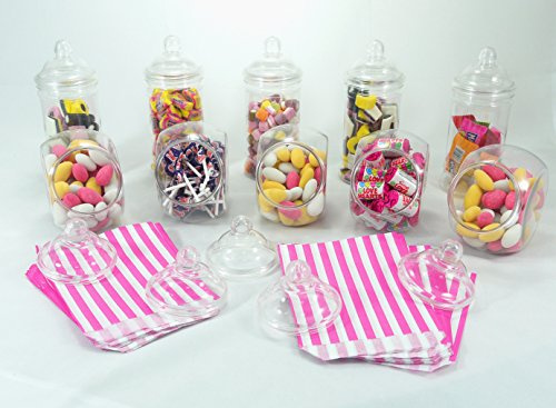 Britten & James Sweet Shop Party Pack of 10 clear plastic jars with Victorian Style screw top lids and 100 FREE bags. Ideal for wedding tables, parties, birthdays, anniversaries, Christmas