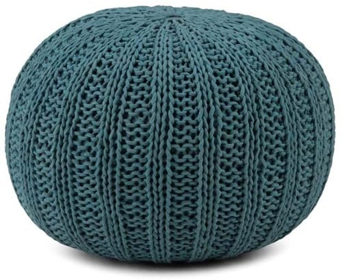 SIMPLIHOME Shelby Boho Round Hand Knit Pouf in Teal Cotton for the Living Room, Bedroom and Kids Room