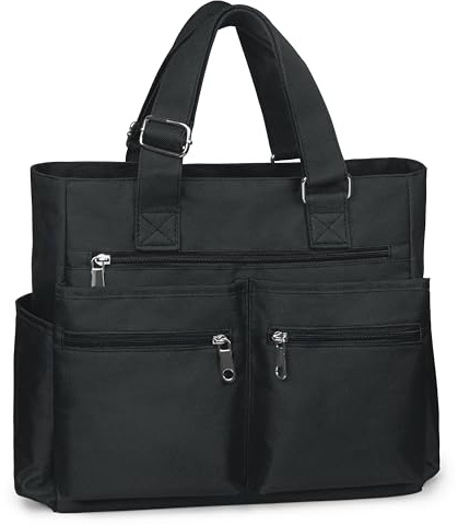 VOLGANIK ROCK Canvas Tote Bag Waterproof Nylon Multi Pocket Shoulder Bags Laptop Work Bag Teacher Purse and Handbags for Women & Men (Black)