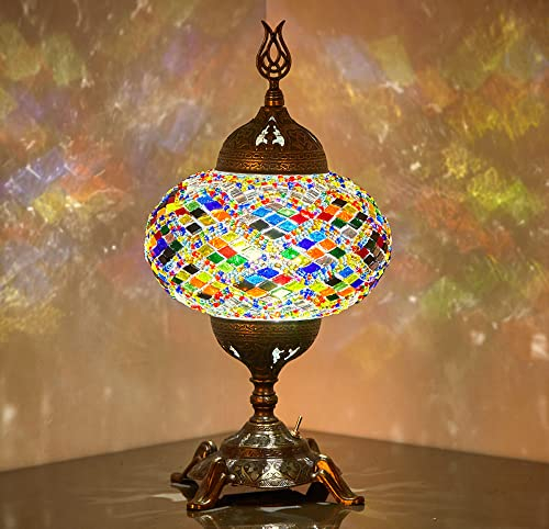 DEMMEX Battery-Operated Turkish Moroccan Mosaic Table Lamp, Portable Stained Glass Lamp for Indoor & Outdoor Use, Cordless Handmade Decorative Light for Balcony, Patio & Camping – 30 cm H (Multicolor)