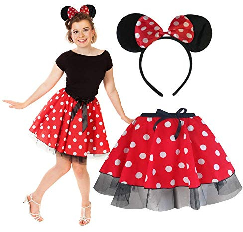 Minnie Mouse women tutu skirt with headband, ears & tail costume - UK Sizes 8 to 28 - Red, Pink, Fancy Dress, Fun Run, Hen Party (XL, Minnie Mouse Red)