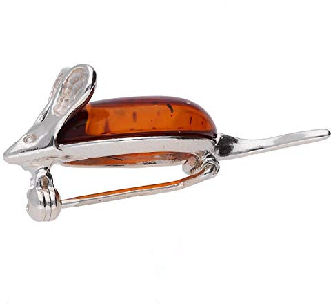 Mouse Sterling Silver Brooch Pin/Clip in Pear-Shaped Cognac Orange Amber for Women Ladies - 925 Sterling Silver - Brooch Jewellery