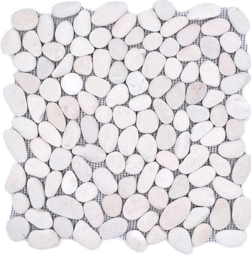 Mosaik Fliese Flußkiesel Steinkiesel Kiesel weiß weiß cream gewölbt für WAND BAD WC DUSCHE KÜCHE FLIESENSPIEGEL THEKENVERKLEIDUNG BADEWANNENVERKLEIDUNG Mosaikmatte Mosaikplatte