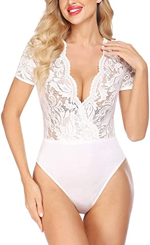 Avidlove Dam spets body sexig kortärmad bodysuit blus v-ringad nättoppar eleganta toppar med snap crotch, Vit, M
