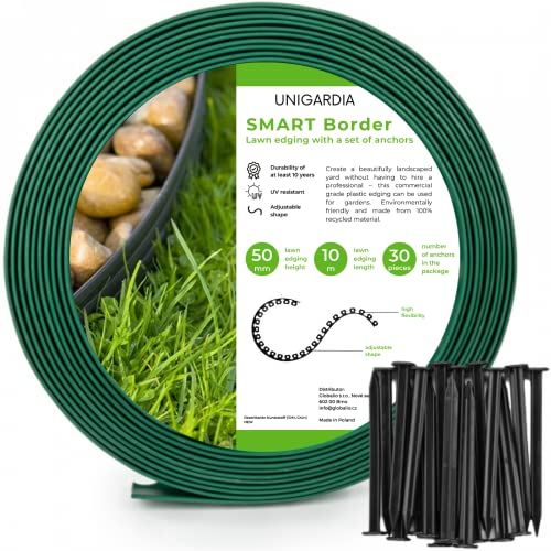 UNIGARDIA Bordura Flexible de Jardín 10 m, Altura 50 mm - Borde Jardín Exterior con 30 Estacas de Anclaje - Borde para Césped de Plástico Reciclado - Fácil Instalación, Delimitadores de Bordes, Verde