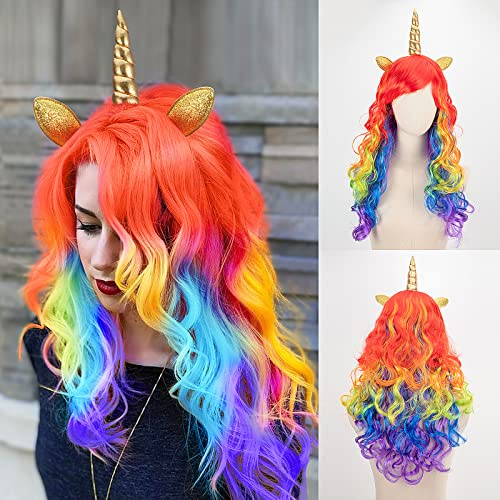 HIFOT Einhorn Perücke Damen mit Ohren und Horn, Perücke Bunt Lang Regenbogen Erwachsener, Einhorn Kostüm für Cosplay geburtstag