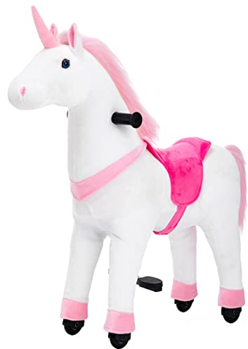PONYEEHAW Reitpferd für Kinder ab 4 mit Rollen, Horse Toy Ride, Spielpferd zum Reiten Stehpferd Groß aus Metall und Plüsch Einhorn auf Rollen mit Schabracke und Zaumzeug (Weiß Einhorn, Mittel)