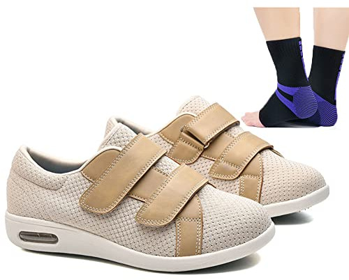 Aocase Orthopedique Diabetique Chaussures Femmes Oedeme Chaussons Âgée Réglable Pieds Enflés L'arthrite Chaussures Antidérapante Respirant Orthopedique Chaussures de Sport,Kaki,43EU