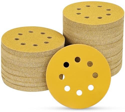 POTUINOM 100 discos de lijado de 5 pulgadas y 8 agujeros de grano 800, papel de lija redondo dorado para lijadora orbital aleatoria