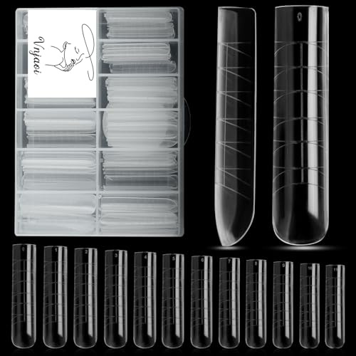 Vnjaoi 120 Pcs Poly Extension Gel Dual Nail Forms With Scale Builder Coffin Nail for Gel Manicure Art Design Salon DIY at Home (Long U-Shaped Thickened Dual Forms Set)