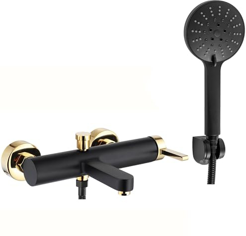 Rea Badewannenarmatur POLO BLACK GOLD Wasserhahn Badewanne Einhebel Wannenarmatur mit Handbrause Badarmatur aus Messing Mischbatterie Wandmontage (Schwarz/Gold)