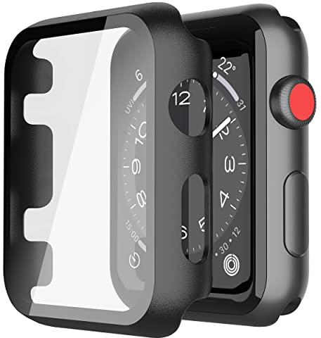 Misxi Schwarz Hard Hülle mit Glas Displayschutz Kompatibel mit Apple Watch Series 3 Serie 2 42mm, 2-Stück