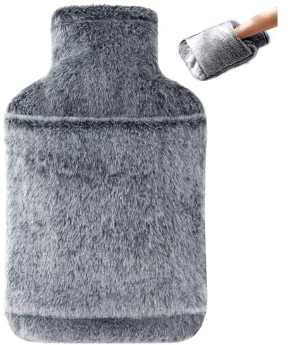 samply Wärmflasche 2L mit weichem Bezug und Einschubtaschen (Grau) | Mit beidseitigen Handtaschen für warme Hände. Ideal für Bauch, Rücken und Füße, wiederverwendbar.